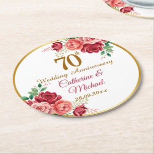 70th Wedding Anniversary Gold Frame Floral Round Paper Coaster