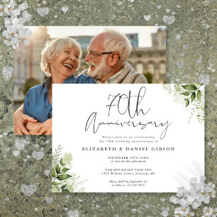 70th Wedding Anniversary Greenery Floral Photo Invitation