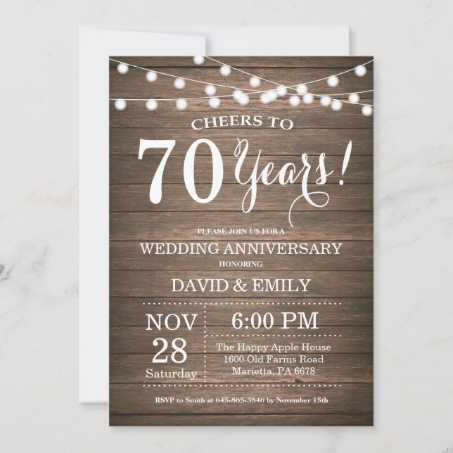 70th Wedding Anniversary Invitation Rustic Wood (Front)