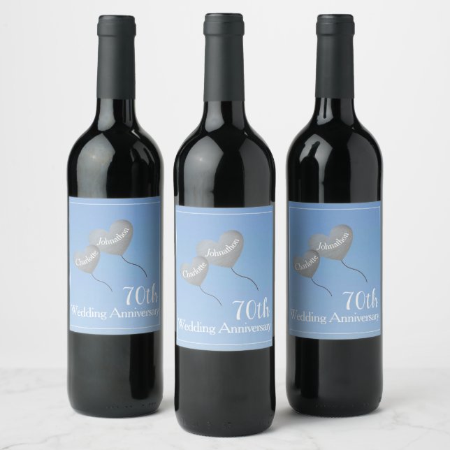 70th Wedding Anniversary platinum heart balloon Wine Label (Bottles)
