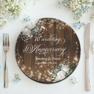 70th Wedding Anniversary Rustic String Lights  Paper Plate