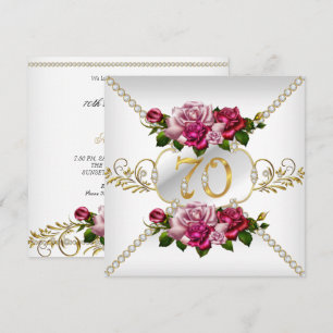 70th Women's Birthday Party Pink Roses White Gold  Invitation