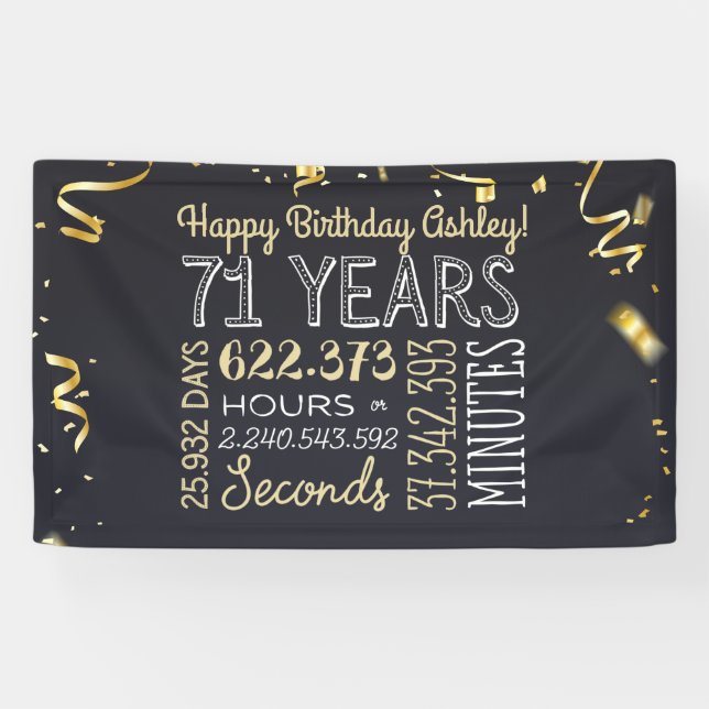 71st Birthday - 71 Years in Hours Black & Gold Banner (Horizontal)
