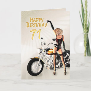 71st Birthday card with a motorbike girl