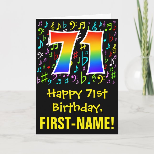 71st Birthday: Colourful Music Symbols + Rainbow 7 Card (Front)