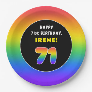 71st Birthday: Colourful Rainbow # 71, Custom Name Paper Plate