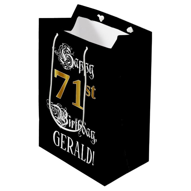 71st Birthday ~ Fancy Script; Faux Gold Look; Name Medium Gift Bag (Front Angled)
