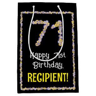 71st Birthday: Floral Flowers Number, Custom Name Medium Gift Bag
