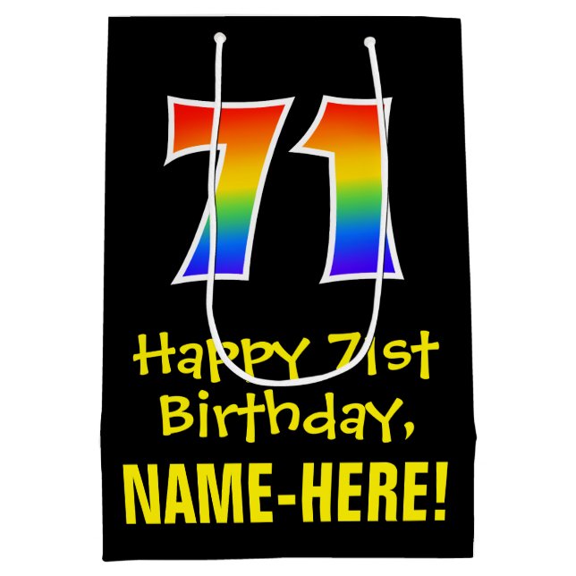 71st Birthday: Fun, Bold, Colourful, Rainbow "71" Medium Gift Bag (Back)