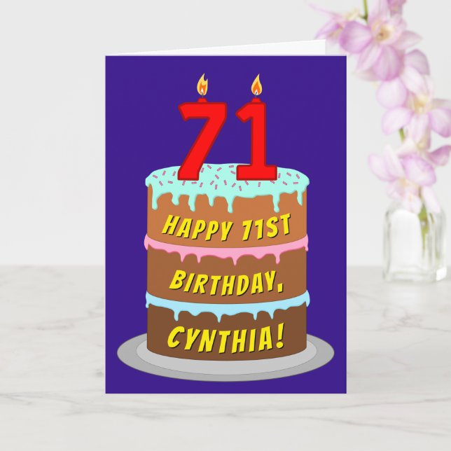 71st Birthday: Fun Cake and Candles + Custom Name Card (Orchid)