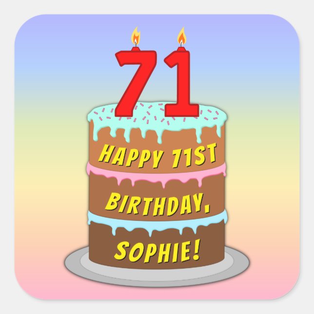 71st Birthday: Fun Cake and Candles + Custom Name Square Sticker (Front)