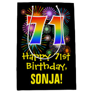 71st Birthday: Fun Fireworks Pattern + Rainbow 71 Medium Gift Bag