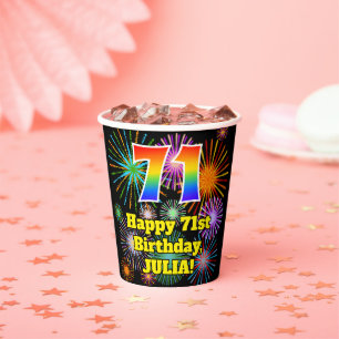 71st Birthday: Fun Fireworks Pattern + Rainbow 71 Paper Cups