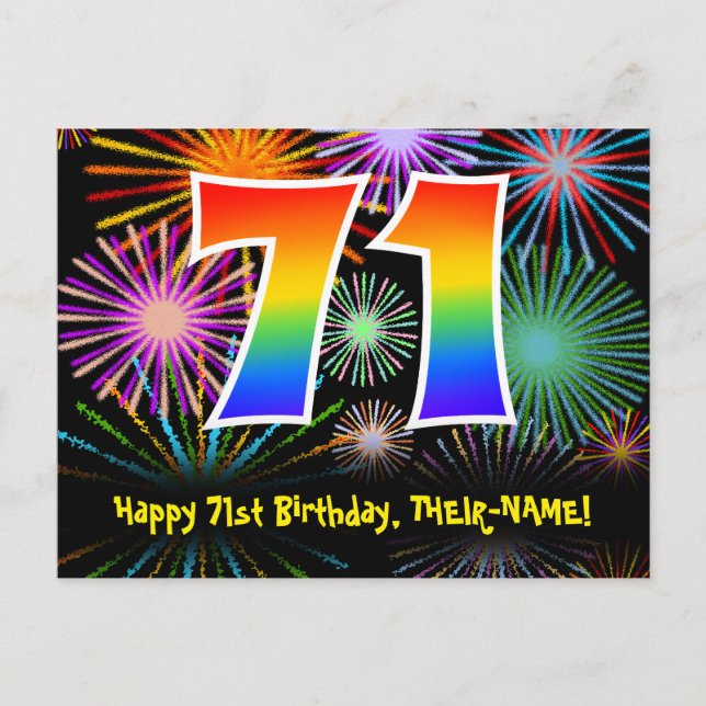 71st Birthday – Fun Fireworks Pattern + Rainbow 71 Postcard (Front)
