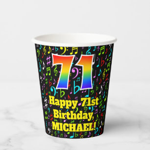 71st Birthday: Fun Music Notes Pattern, Rainbow 71 Paper Cups