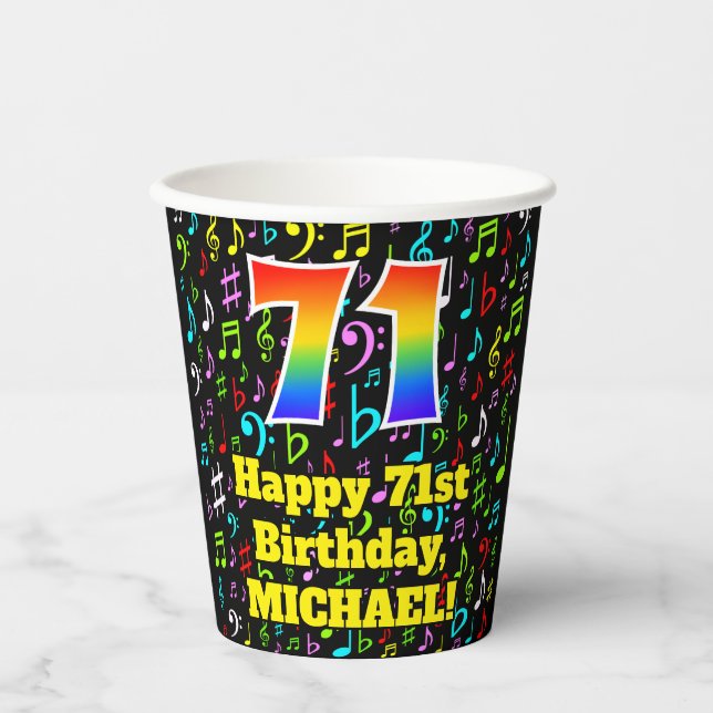 71st Birthday: Fun Music Notes Pattern, Rainbow 71 Paper Cups (Front)