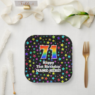 71st Birthday: Fun Stars Pattern and Rainbow “71” Paper Plate