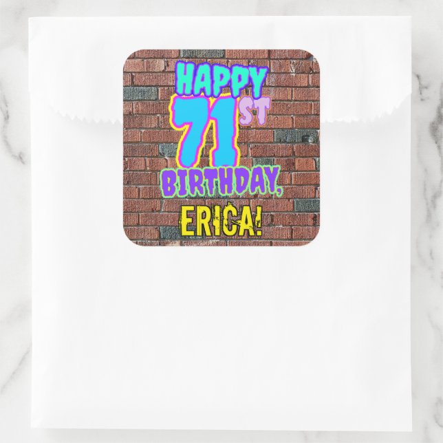 71st Birthday – Fun, Urban Graffiti Inspired Look Square Sticker (Bag)