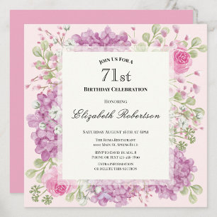 71st Birthday Invitation Elegant Pink Flowers
