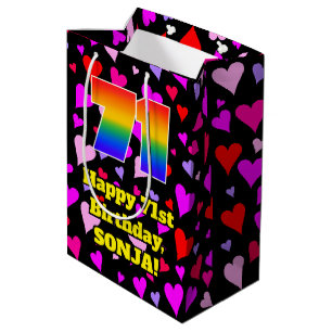71st Birthday: Loving Hearts Pattern, Rainbow # 71 Medium Gift Bag
