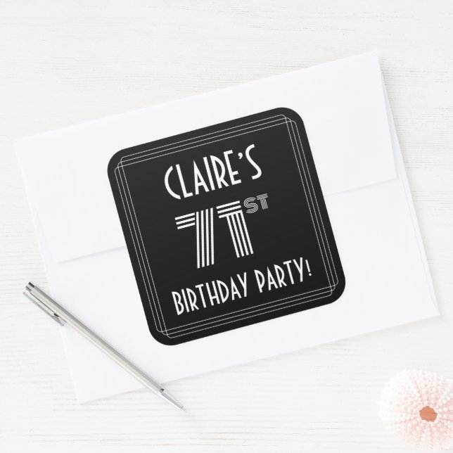 71st Birthday Party: Art Deco Style & Custom Name Square Sticker (Envelope)