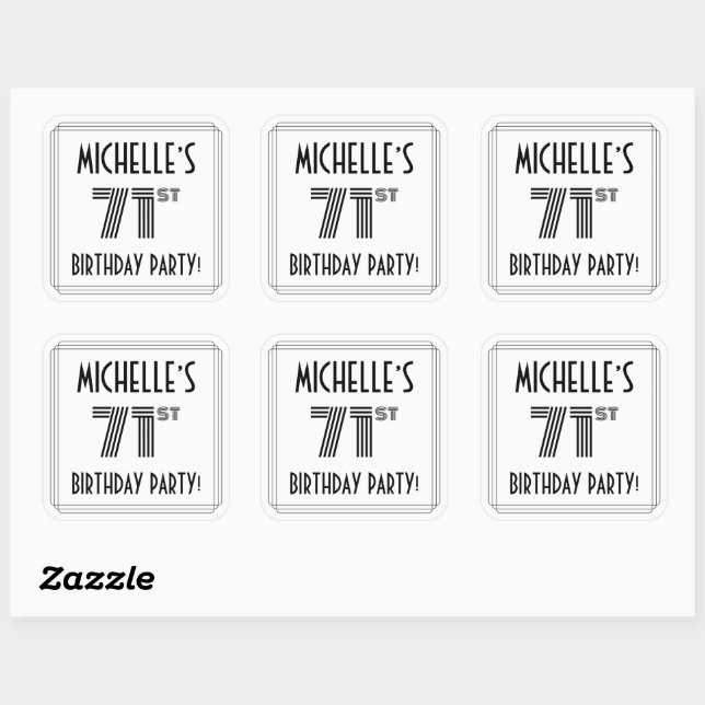 71st Birthday Party: Art Deco Style + Custom Name Square Sticker (Sheet)