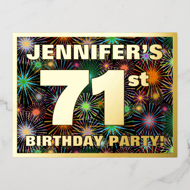 71st Birthday Party: Bold, Colourful Fireworks Loo Foil Invitation Postcard (Front)
