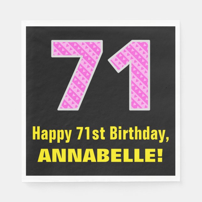 71st Birthday: Pink Stripes and Hearts "71" + Name Napkin (Front)