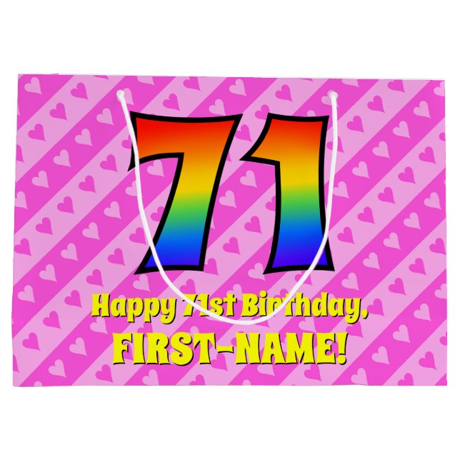 71st Birthday: Pink Stripes & Hearts, Rainbow # 71 Large Gift Bag (Back)
