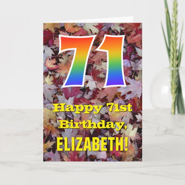 71st Birthday; Rustic Autumn Leaves; Rainbow "71" Card (Front)