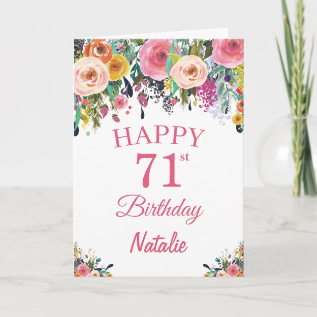 71st Birthday Watercolor Floral Flowers Pink Card (Front)