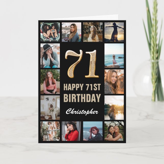 71st Happy Birthday Black and Gold Photo Collage Card (Front)