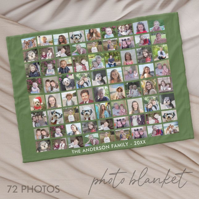 72 Photo Collage Grid with Text - green Fleece Blanket (Photo Blanket - Custom Pictures in a Collage)