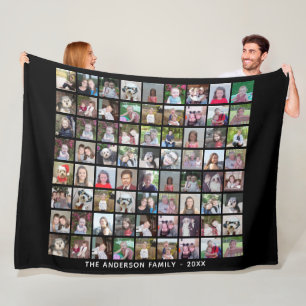 72 Square Photo Collage Grid with Text - black Fleece Blanket