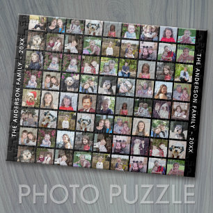 72 Square Photo Collage Grid with Text - black Jigsaw Puzzle