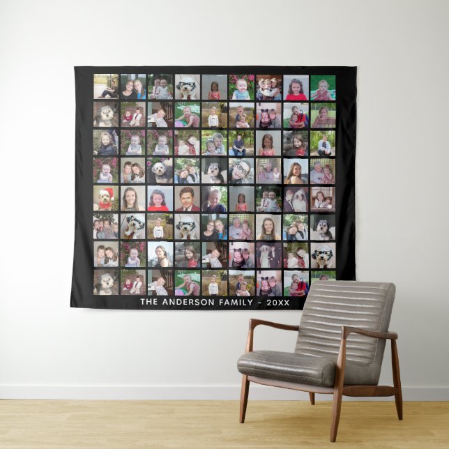 72 Square Photo Collage Grid with Text - black Tapestry (In Situ (Horizontal))