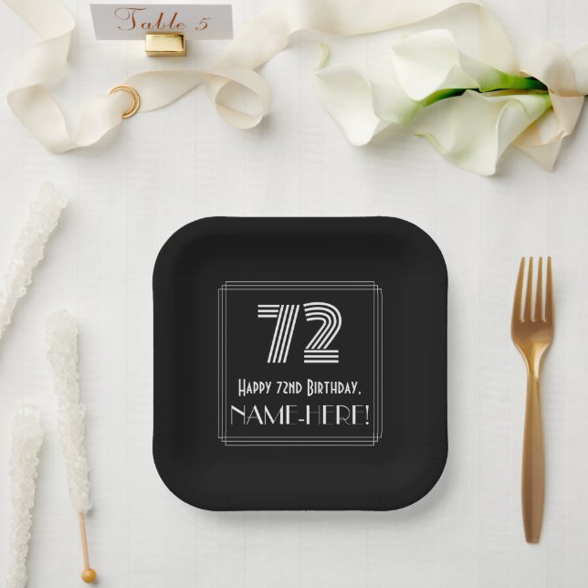 72nd Birthday — Art Deco Inspired Look “72” + Name Paper Plate (Wedding)