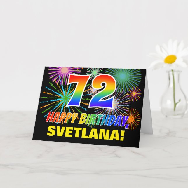 72nd Birthday: Bold, Fun, Fireworks, Rainbow 72 Card (Small Plant)