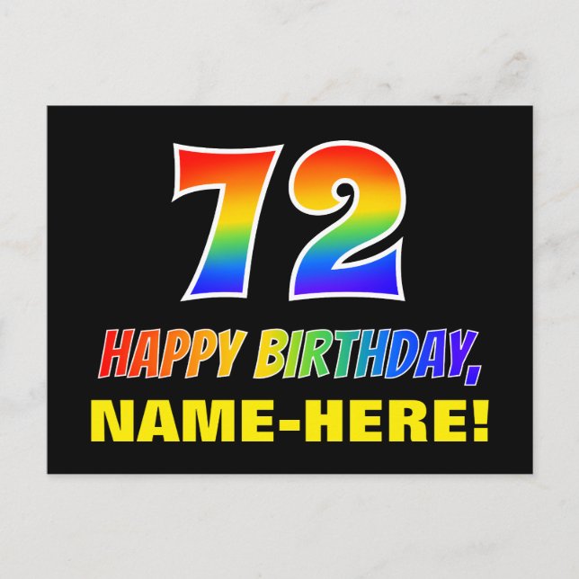 72nd Birthday: Bold, Fun, Simple, Rainbow 72 Postcard (Front)