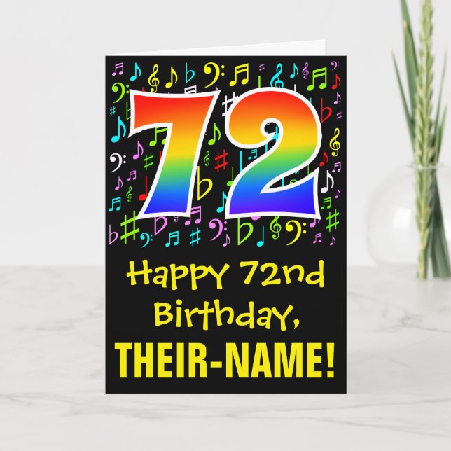 72nd Birthday: Colorful Music Symbols + Rainbow 72 Card (Front)