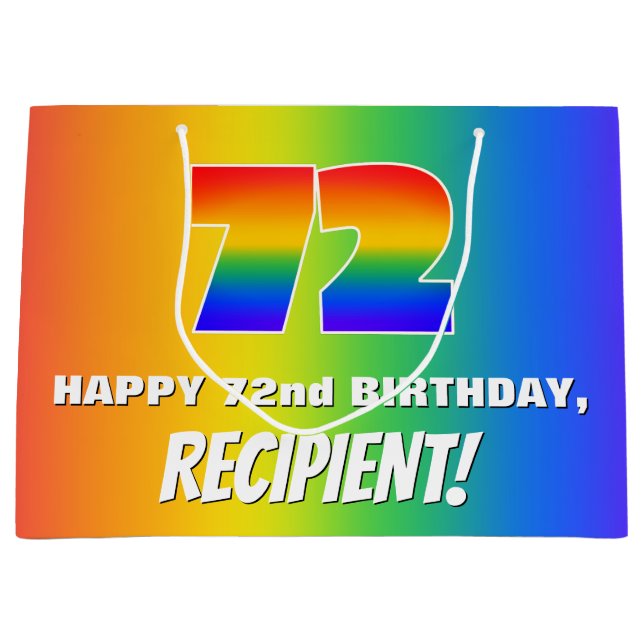 72nd Birthday: Colourful, Fun Rainbow Pattern # 72 Large Gift Bag (Front)
