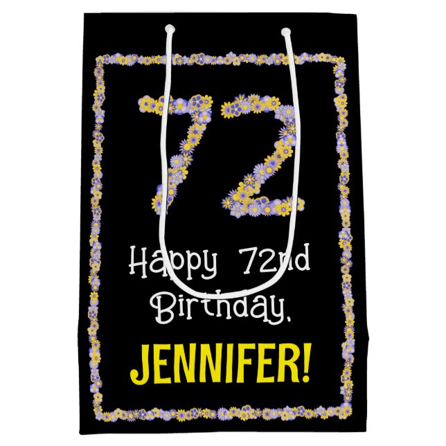 72nd Birthday: Floral Flowers Number, Custom Name Medium Gift Bag (Back)