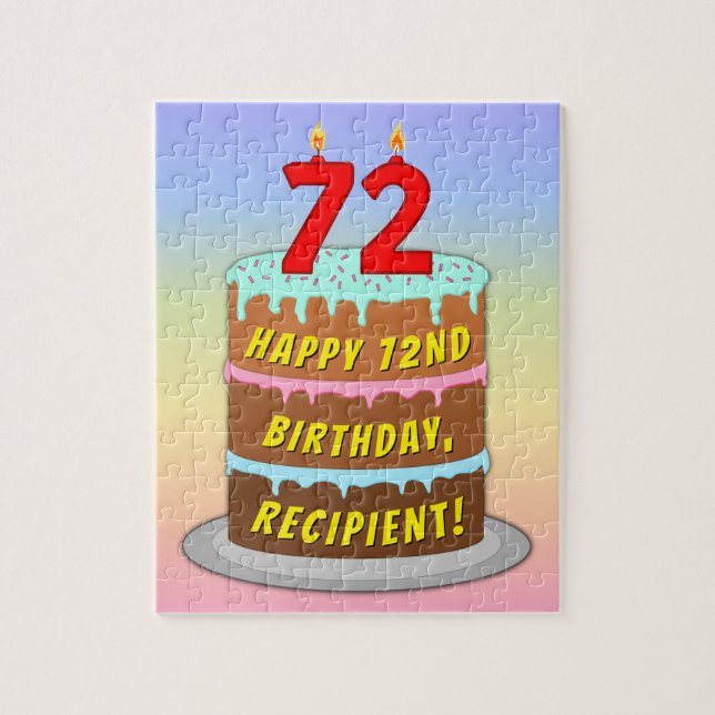 72nd Birthday: Fun Cake and Candles + Custom Name Jigsaw Puzzle (Vertical)