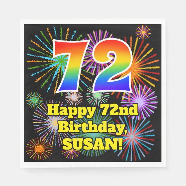 72nd Birthday: Fun Fireworks Pattern + Rainbow 72 Napkin (Front)