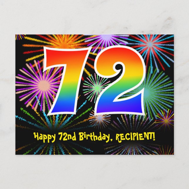 72nd Birthday – Fun Fireworks Pattern + Rainbow 72 Postcard (Front)