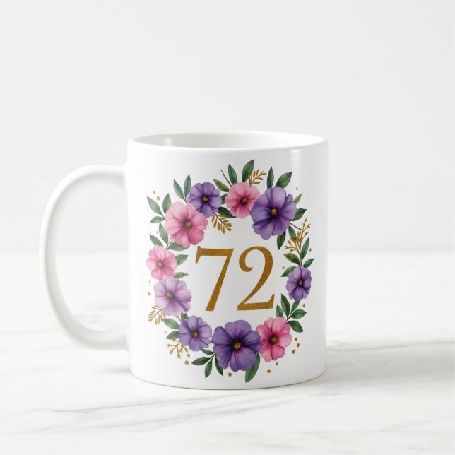 72nd Birthday Mug – Floral Wreath with Gold Number (Left)