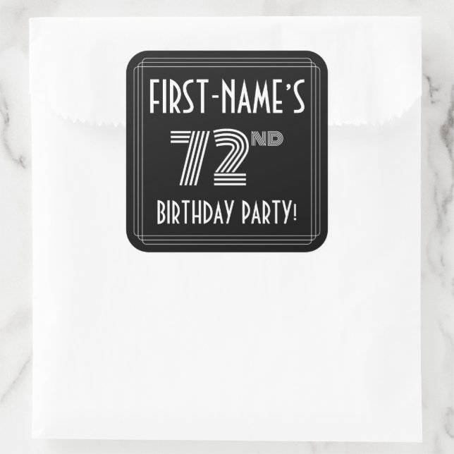 72nd Birthday Party: Art Deco Style & Custom Name Square Sticker (Bag)