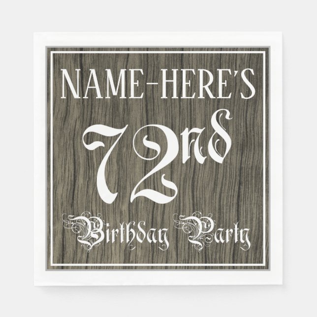 72nd Birthday Party — Fancy Script, Faux Wood Look Napkin (Front)