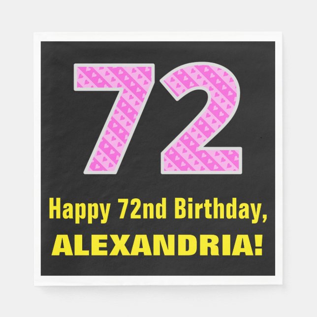 72nd Birthday: Pink Stripes and Hearts "72" + Name Napkin (Front)