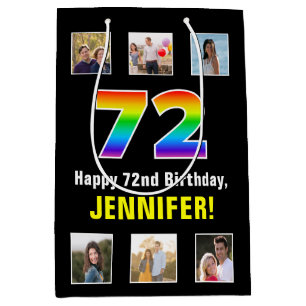 72nd Birthday: Rainbow “72“, Custom Photos & Name Medium Gift Bag